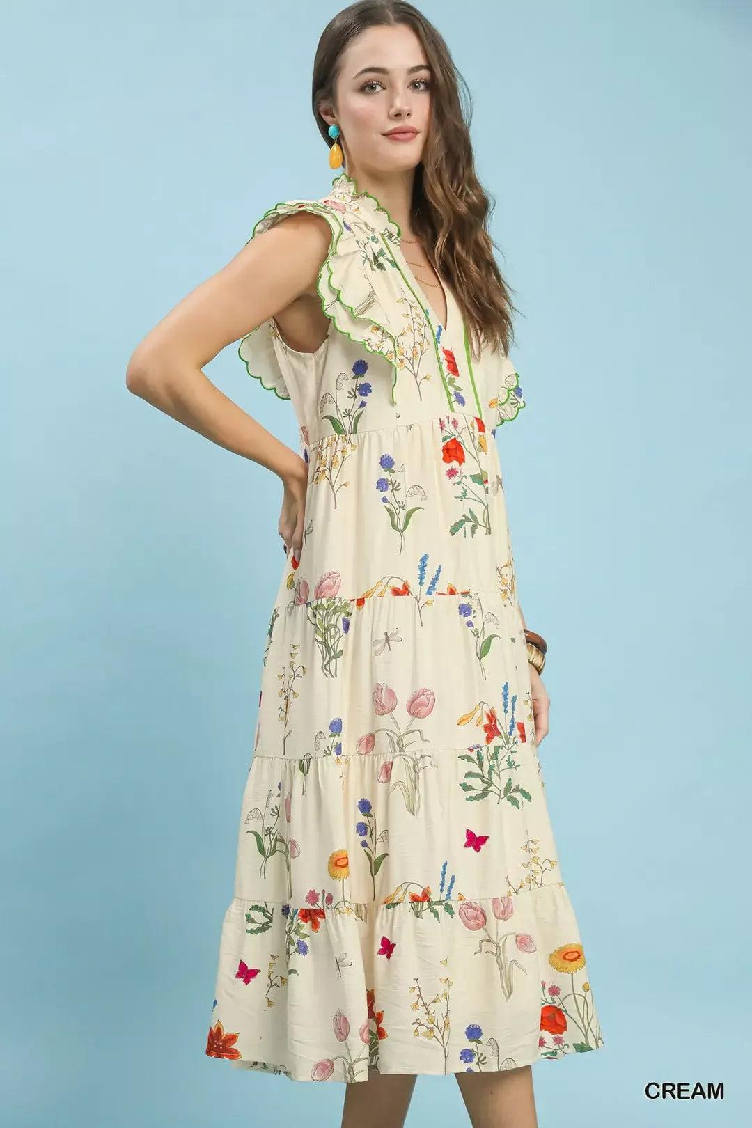 umgee midi dresses UMGEE Floral Ruffle Tiered Midi Dress with Scalloped Detail CREAM / L