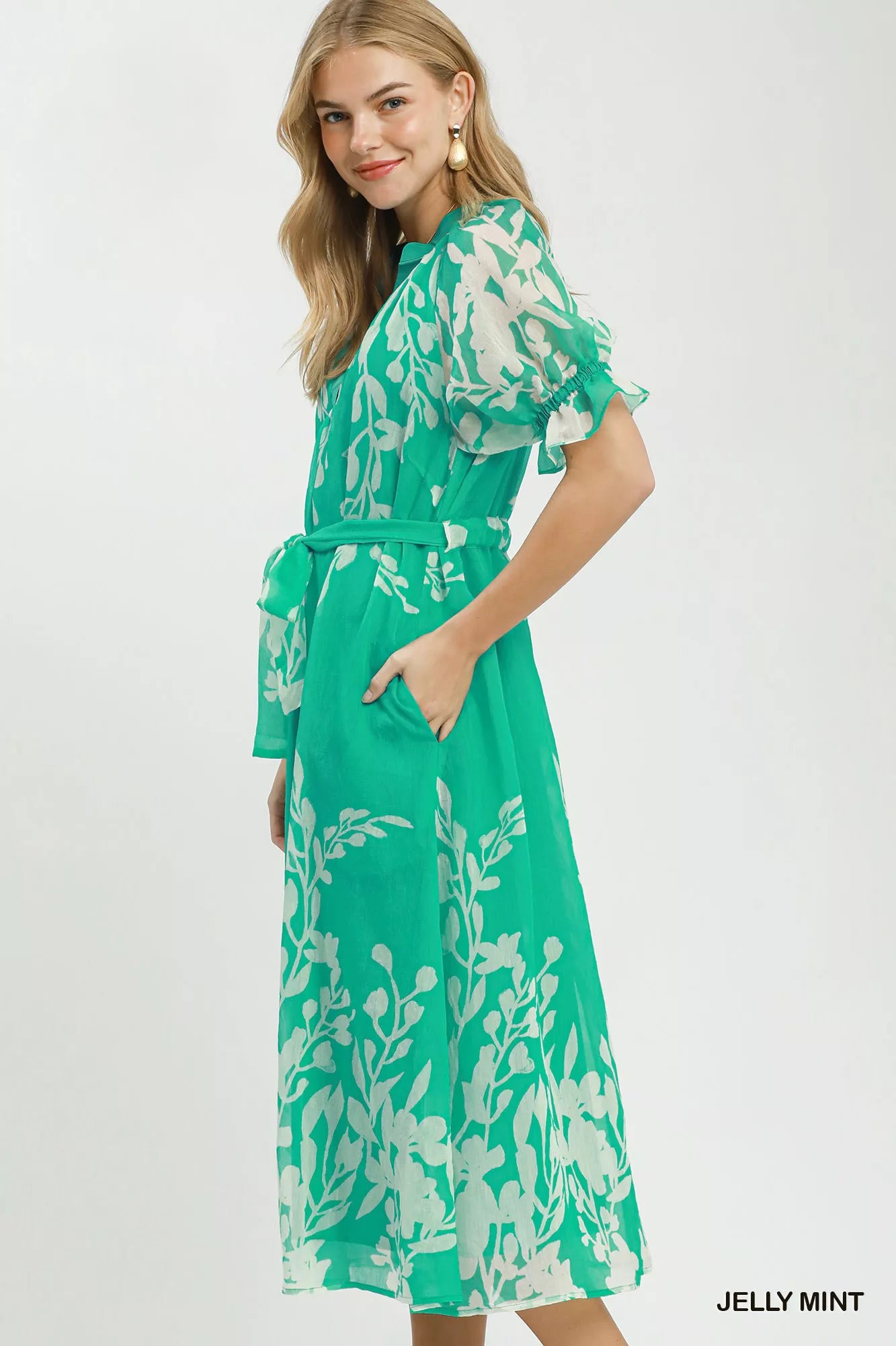 Umgee Floral Print Tie Waist Midi Dress with Side Pockets JELLY MINT / S