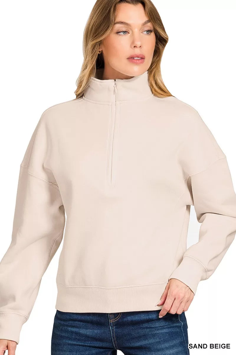 Zenana Fleece High Neck Half Zip Sweatshirt – Montret