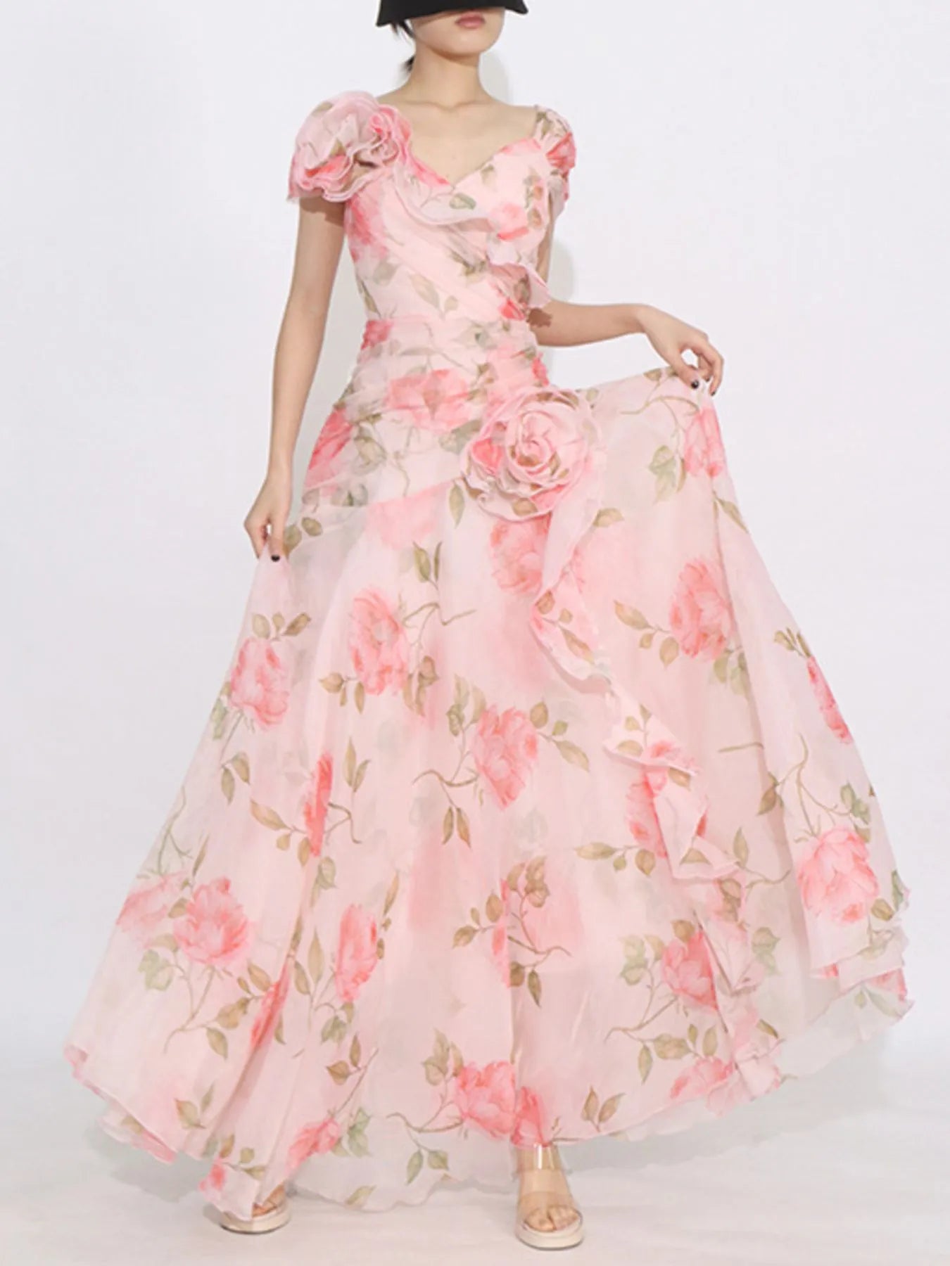 pink short sleeve maxi dress Floral Ruffled Short Sleeve Maxi Dress – Montret