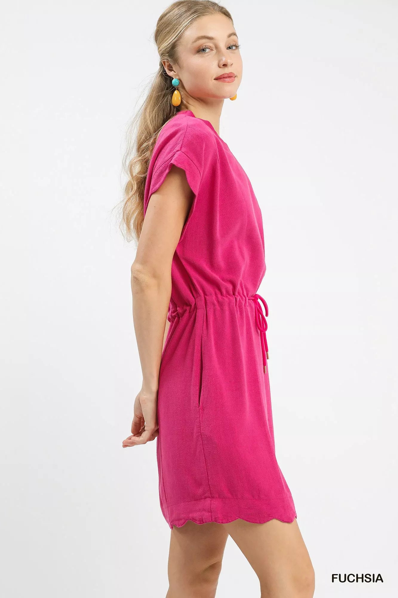 Umgee Linen Blend Scallop Hem Mini Dress FUCHSIA / M Umgee Linen Blend Scallop Hem Mini Dress FUCHSIA / M