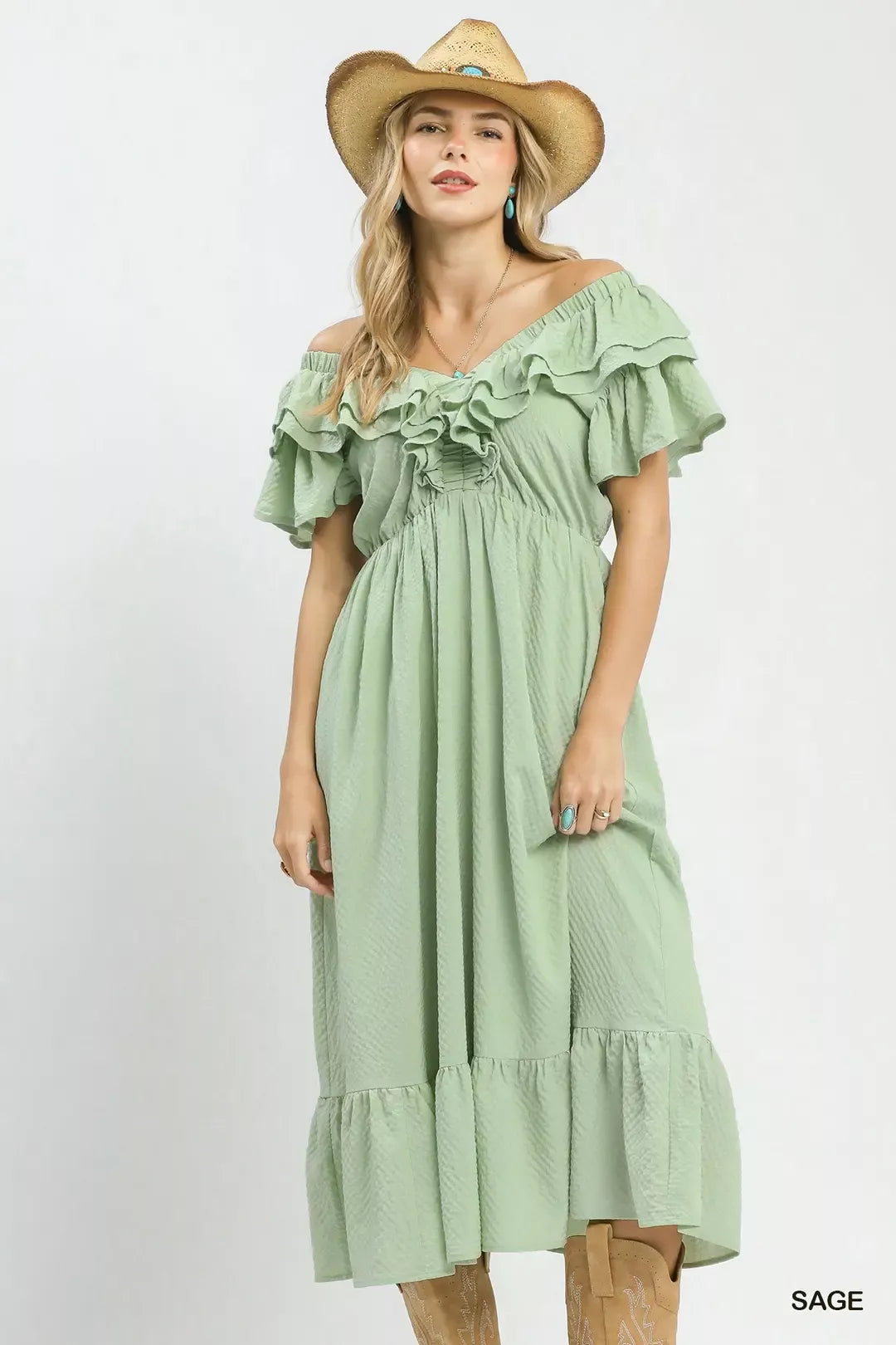 Umgee Textured Ruffle Midi Dress – Montret