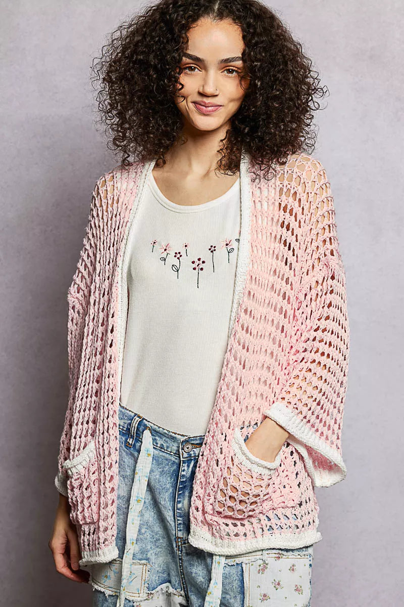 POL Open Front Openwork Cardigan with Contrast Trim – Montret