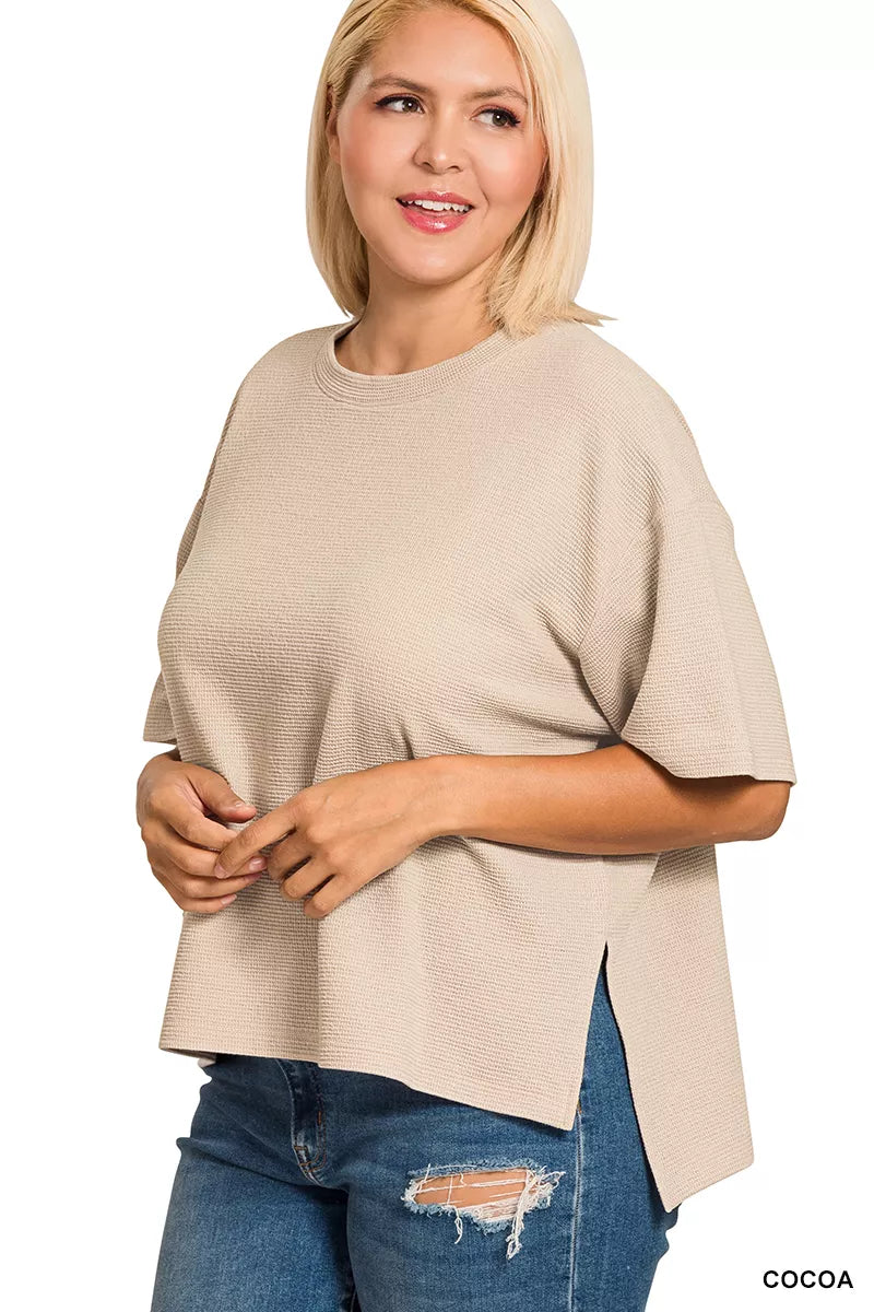 Zenana Full Size Double Knit Side Slits Hi Low Short Sleeve Top