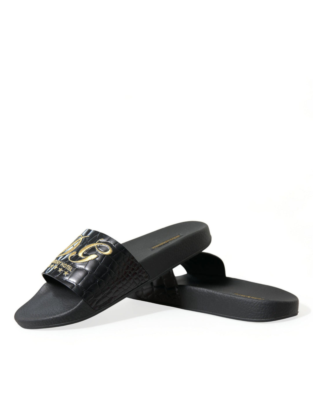 Dolce & Gabbana Elegant Black and Gold Leather Slides