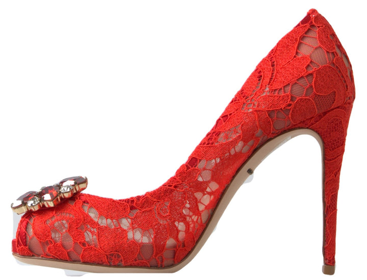 Dolce & Gabbana Chic Red Lace Heels with Crystal Embellishment