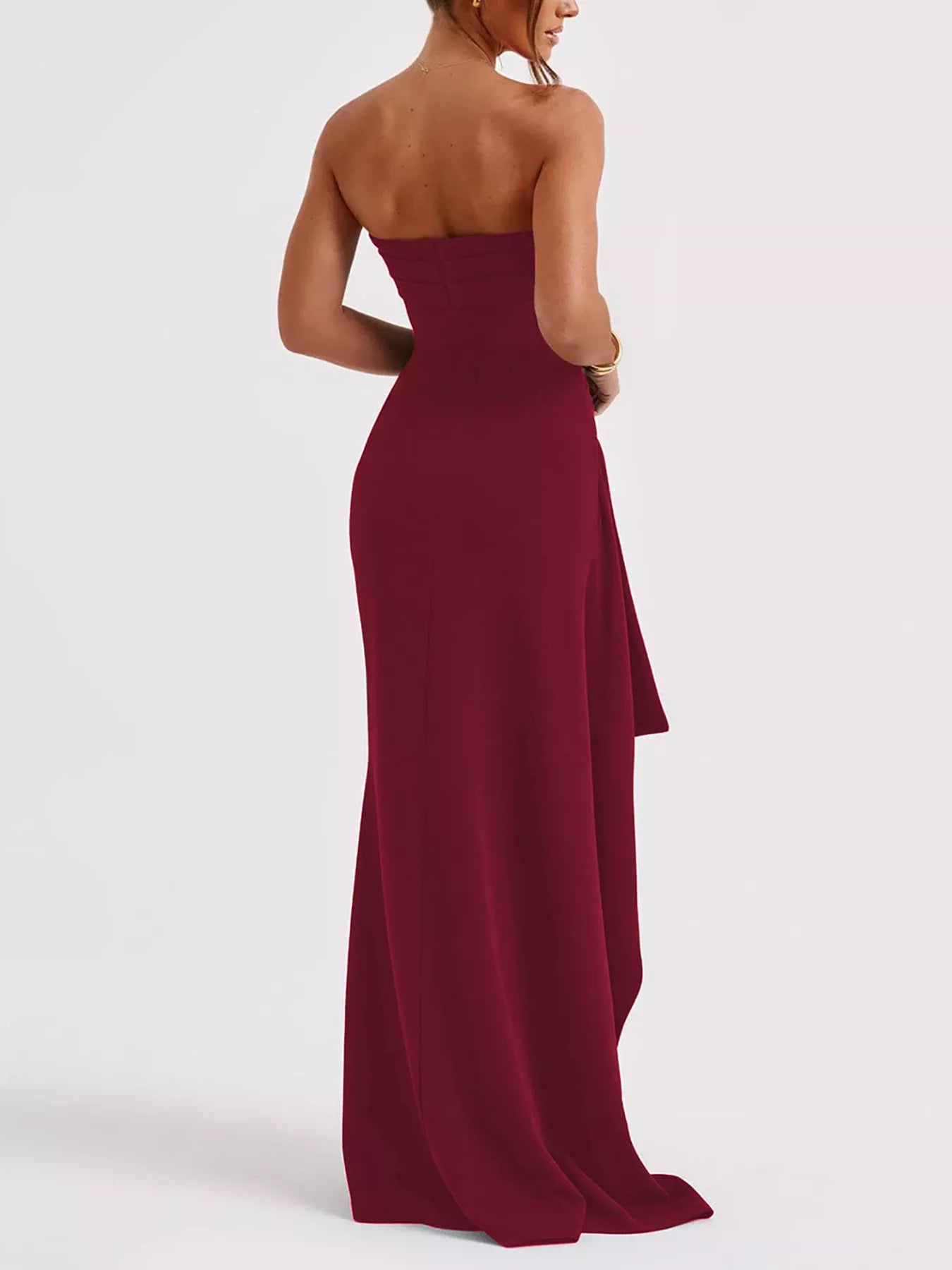 Strapless Ruched High Slit Maxi Dress - Burgundy / L Strapless Ruched High Slit Maxi Dress - Burgundy / L
