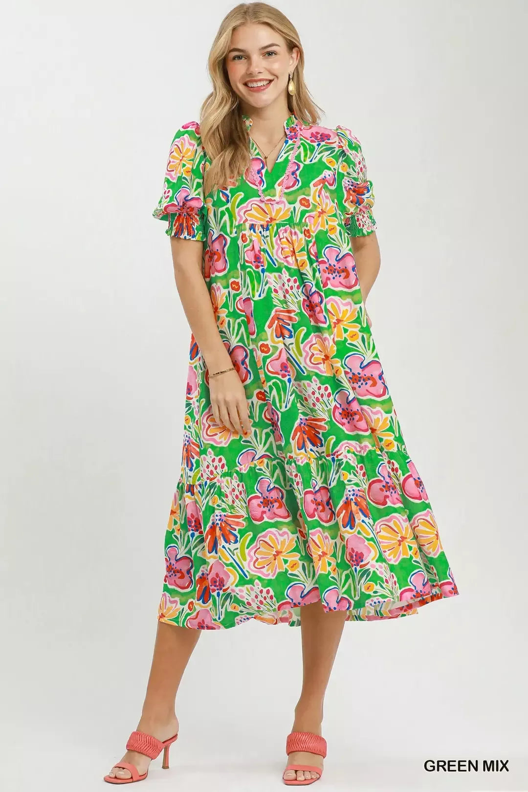 Umgee Floral Print Puff Sleeve Tiered Midi Dress GREEN MIX / L
