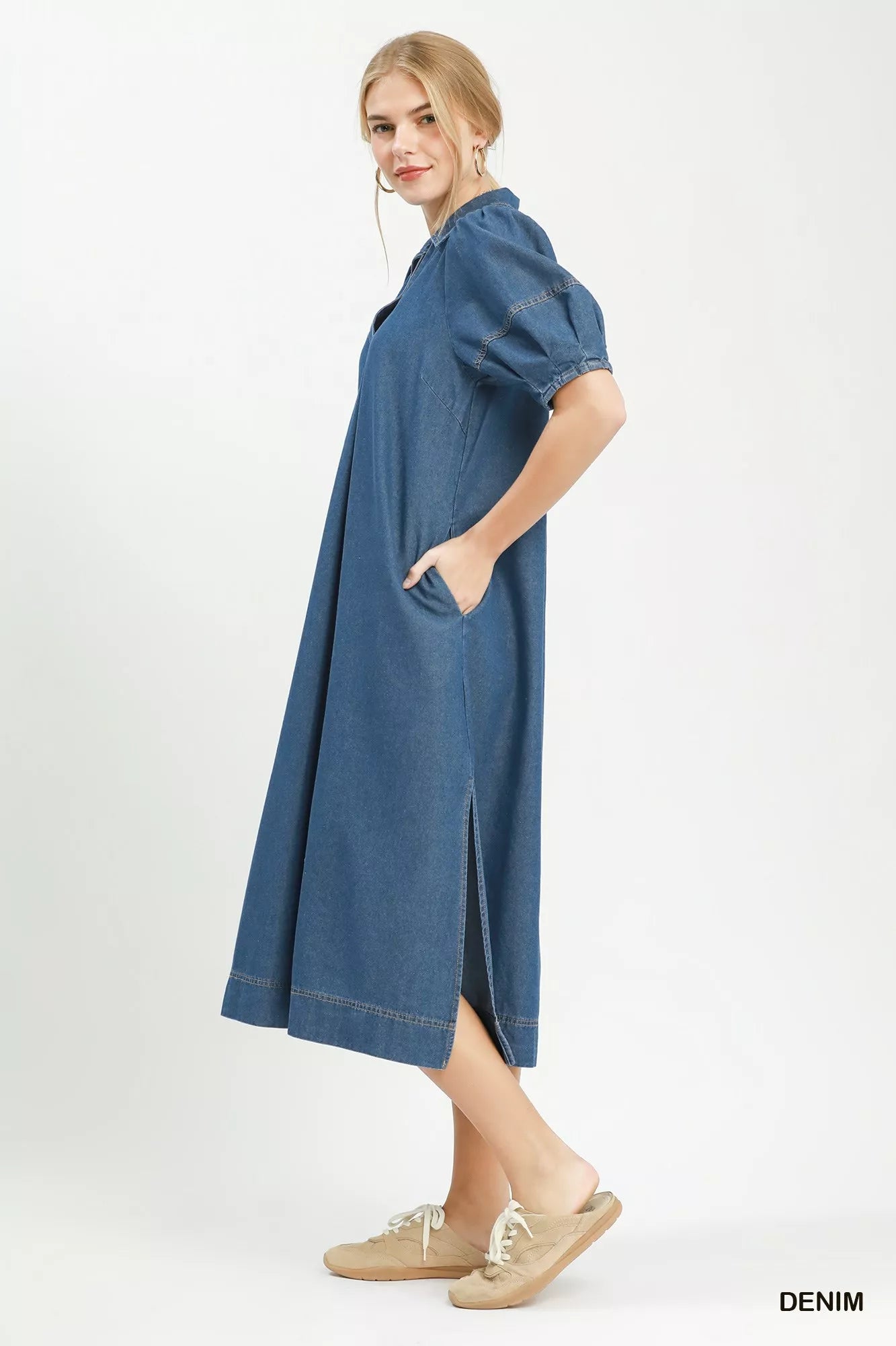 Umgee Chambray Collared Puff Sleeve Dress – Montret