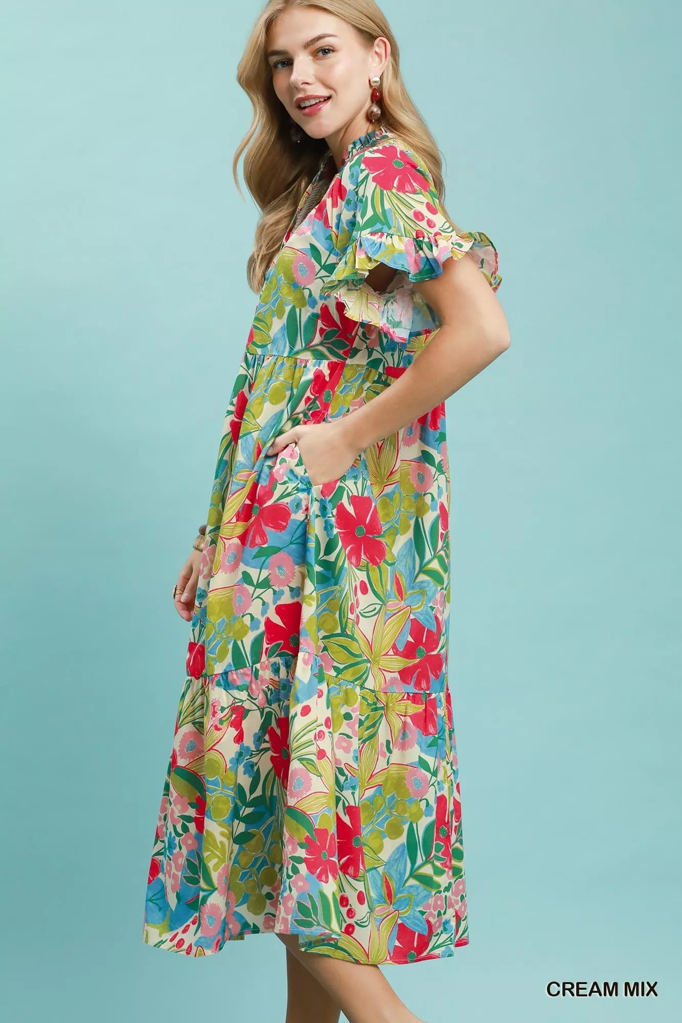 umgee tiered midi dress Umgee Tropical Floral Ruffle Sleeve Tiered Midi Dress CREAM MIX / S