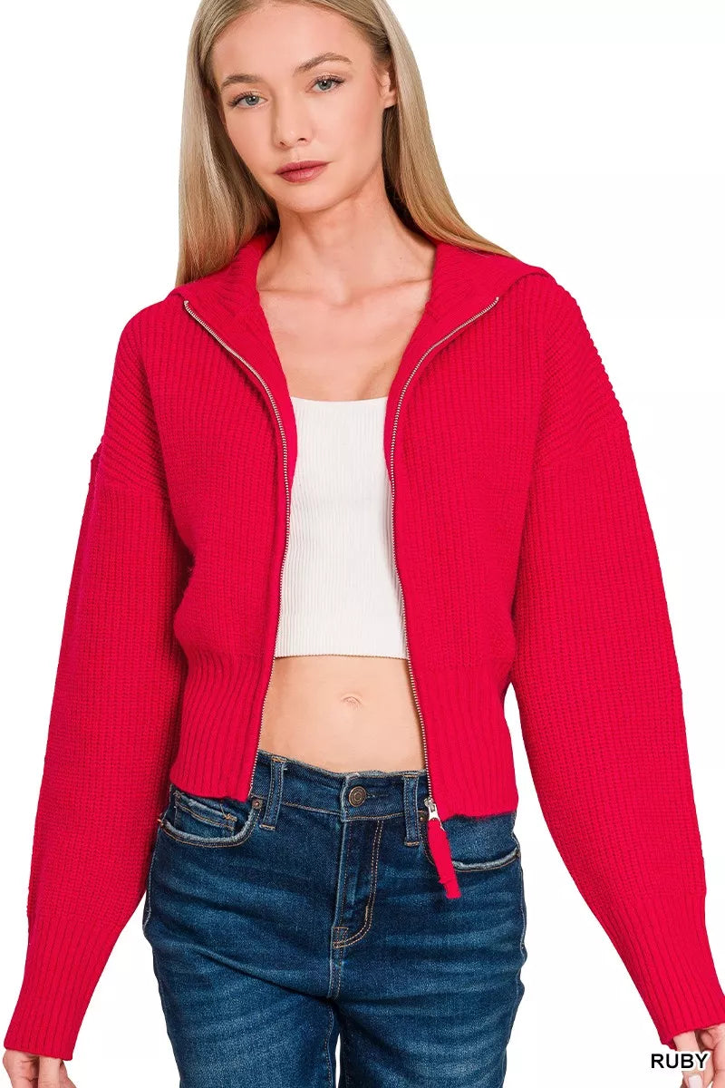 Zenana Ribbed Collared Zip Up Sweater Cardigan – Montret