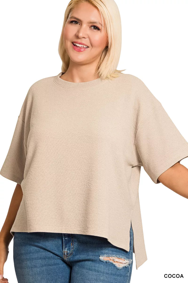Zenana Full Size Double Knit Side Slits Hi Low Short Sleeve Top