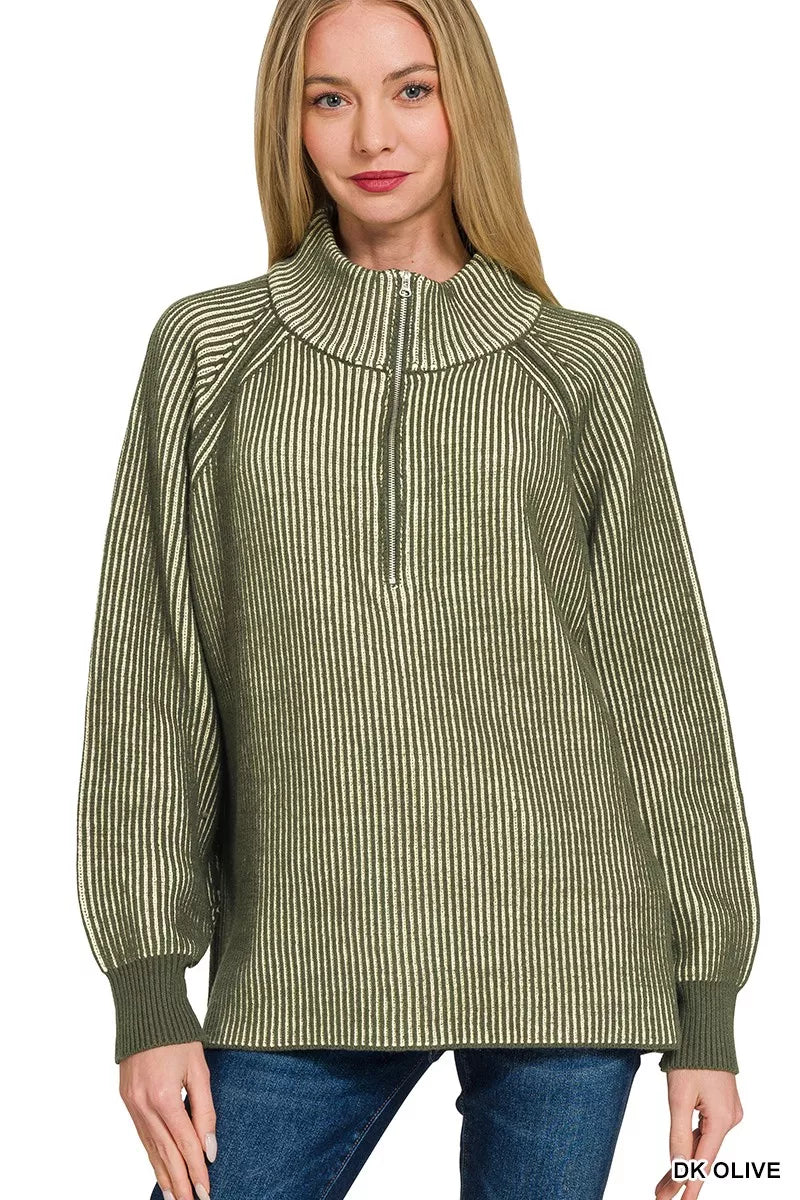 Zenana Ribbed Two Tone Half Zip Sweater – Montret