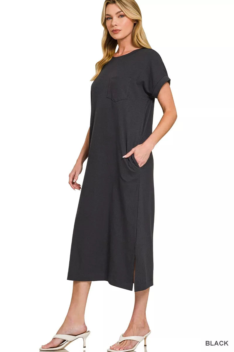 Zenana Round Neck Short Sleeve Midi Dress Black / XL