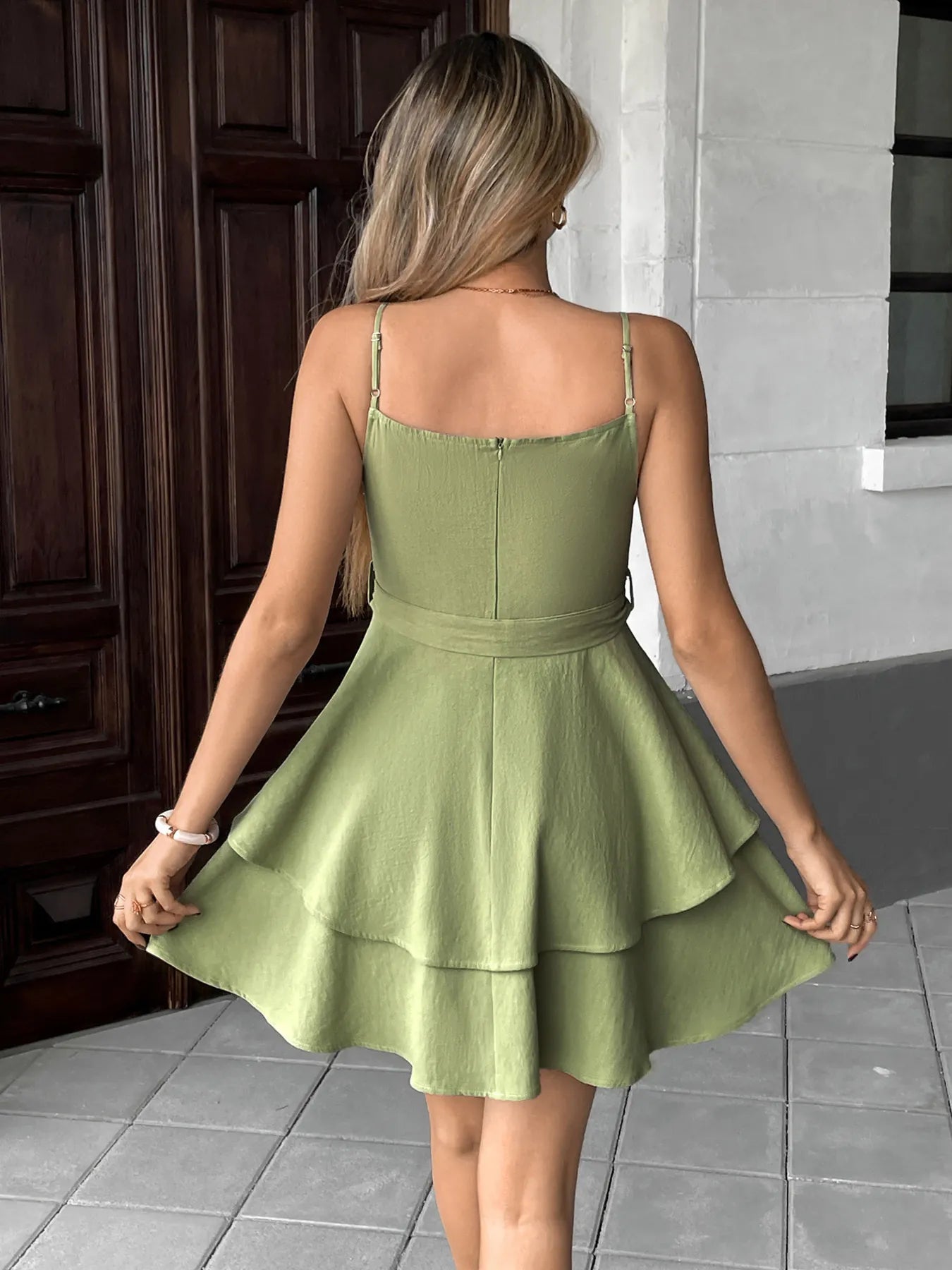 Ruffle Layered Cami Mini Dress with Bow Belt – Montret