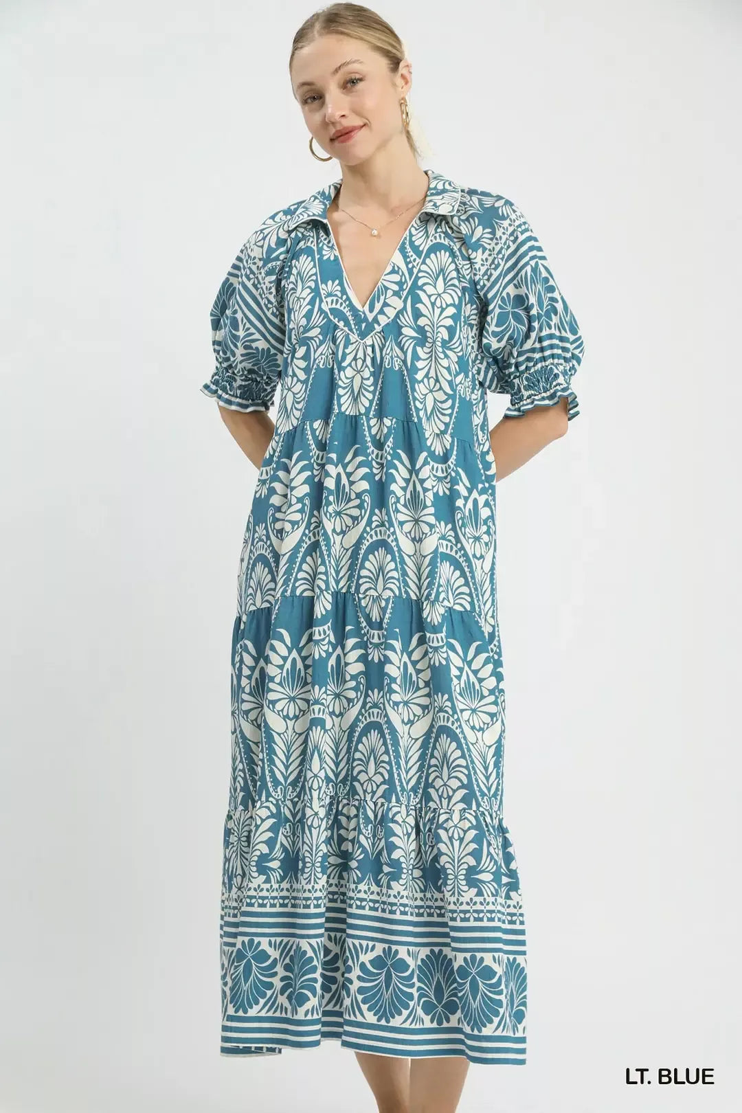 Umgee Two tone Border Print Midi Dress LT. BLUE / L Umgee Two tone Border Print Midi Dress LT. BLUE / L