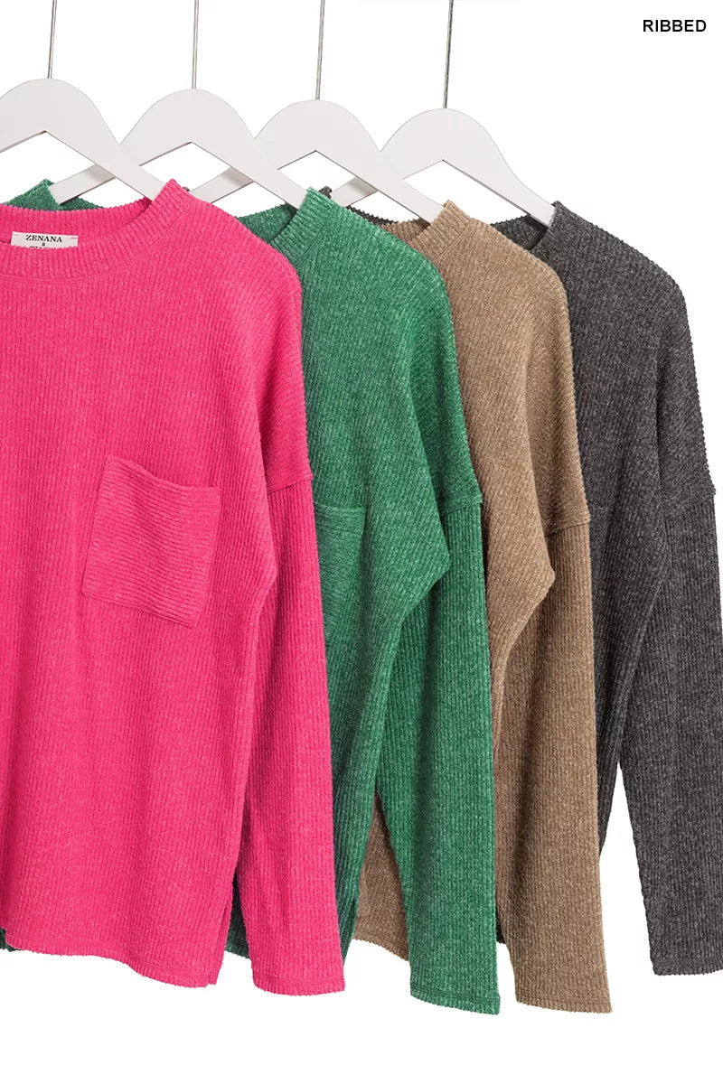 Zenana Ribbed Brushed Melange Hacci Sweater with Chest