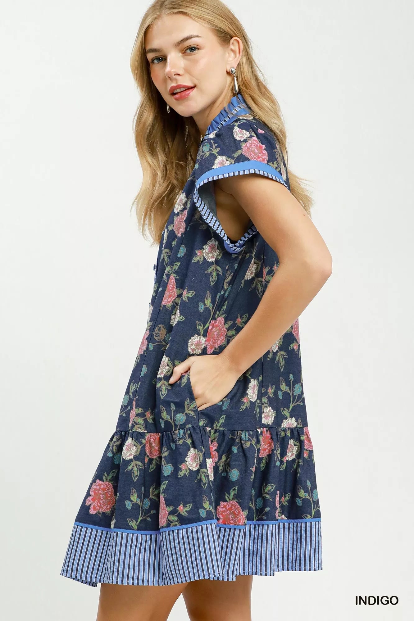 Umgee Floral Contrast Trim Ruffle Hem Mini Dress INDIGO / L