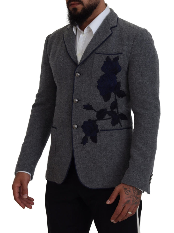 Dolce & Gabbana Elegant Gray Wool Blazer with Blue Rose Embroidery