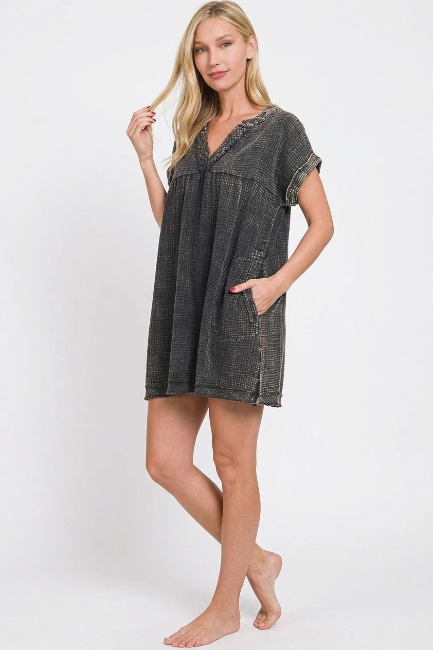 Zenana Washed Double Gauze Raw Edge V-neck Dress ASH Black / S