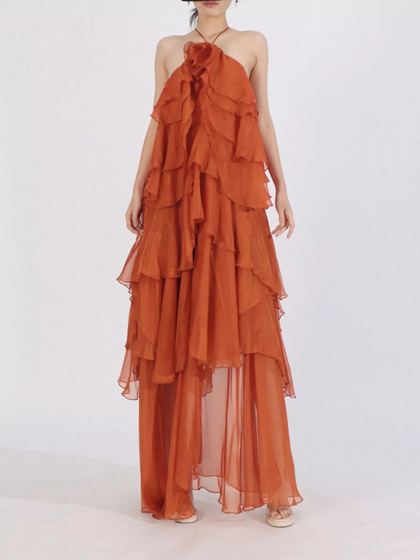 Ruffled Chiffon Halter Neck Maxi Dress – Montret