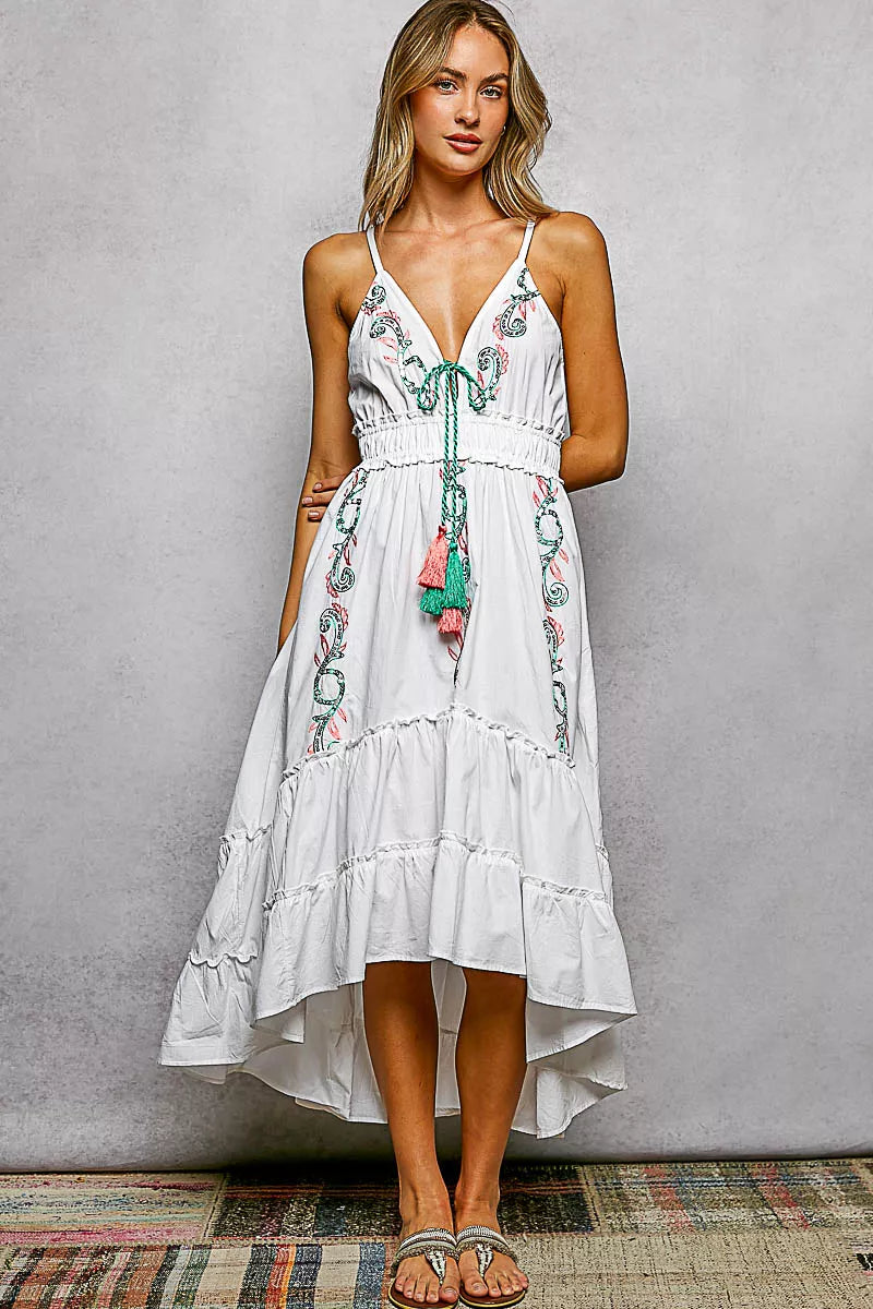 POL Embroidered Detail Tassel Tie Smocked Waist Midi Tiered Cami Dress Montret POL Embroidered Detail Tassel Tie Smocked Waist Midi Tiered Cami Dress Montret