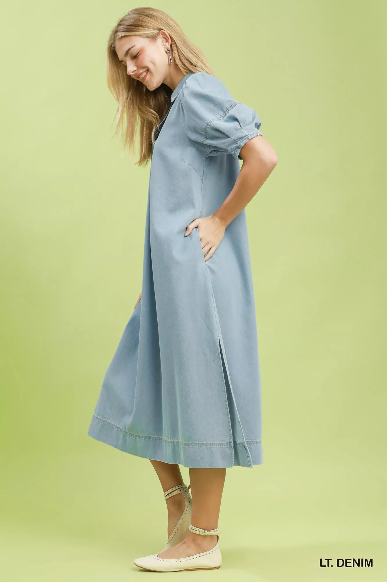 Umgee Chambray Collared Puff Sleeve Dress LT. DENIM / L
