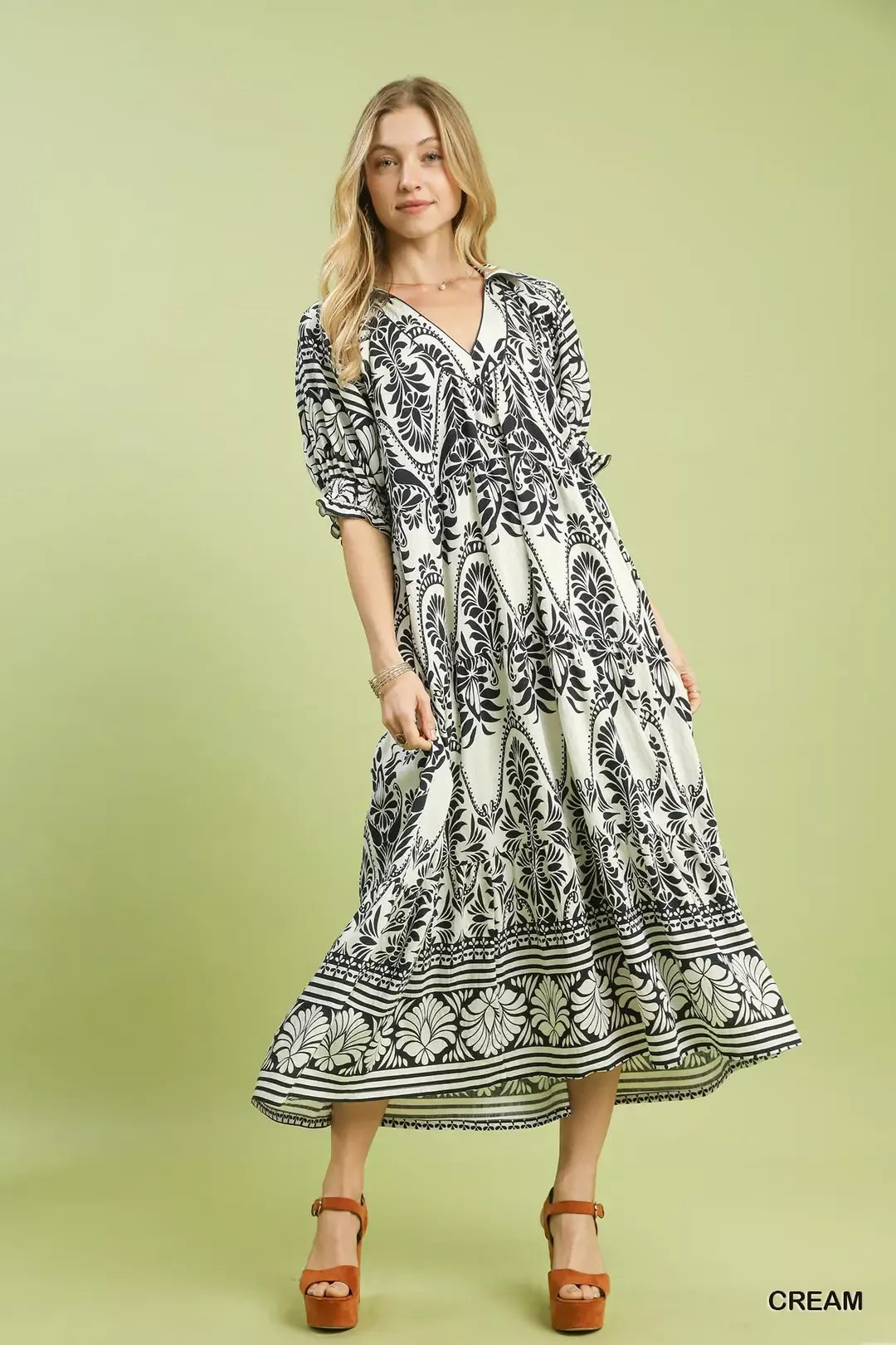 Umgee Two tone Border Print Midi Dress CREAM / L