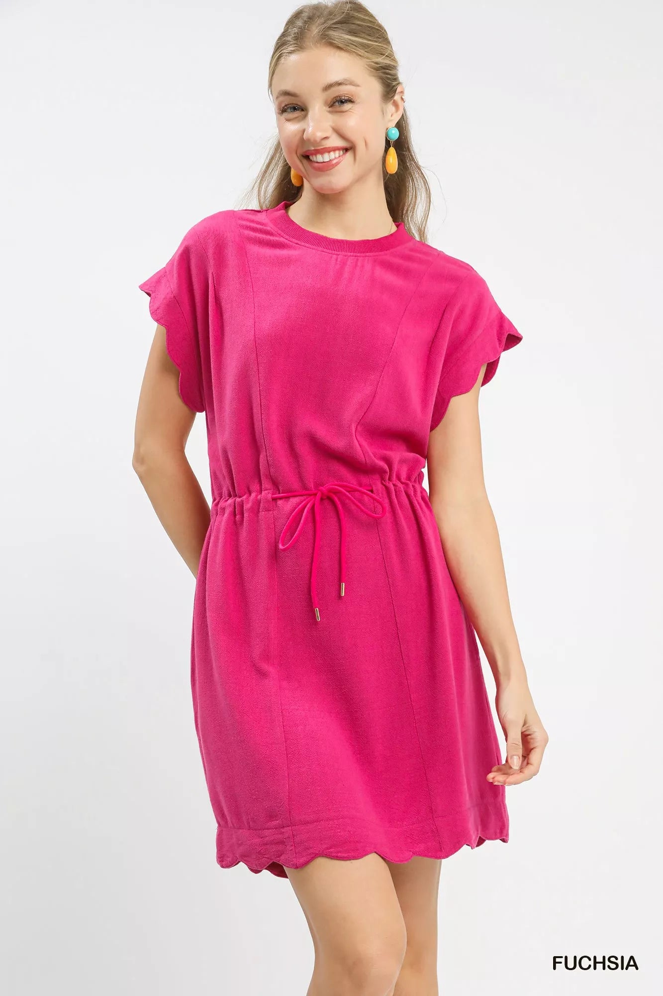 Umgee Linen Blend Scallop Hem Mini Dress FUCHSIA / M