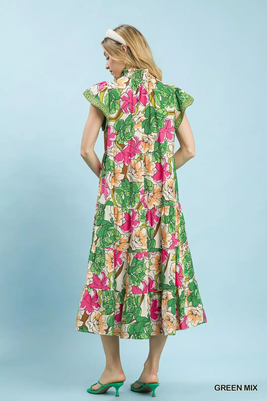 green and pink floral midi dress Umgee Mix Bold Floral Tiered Midi Dress – Montret