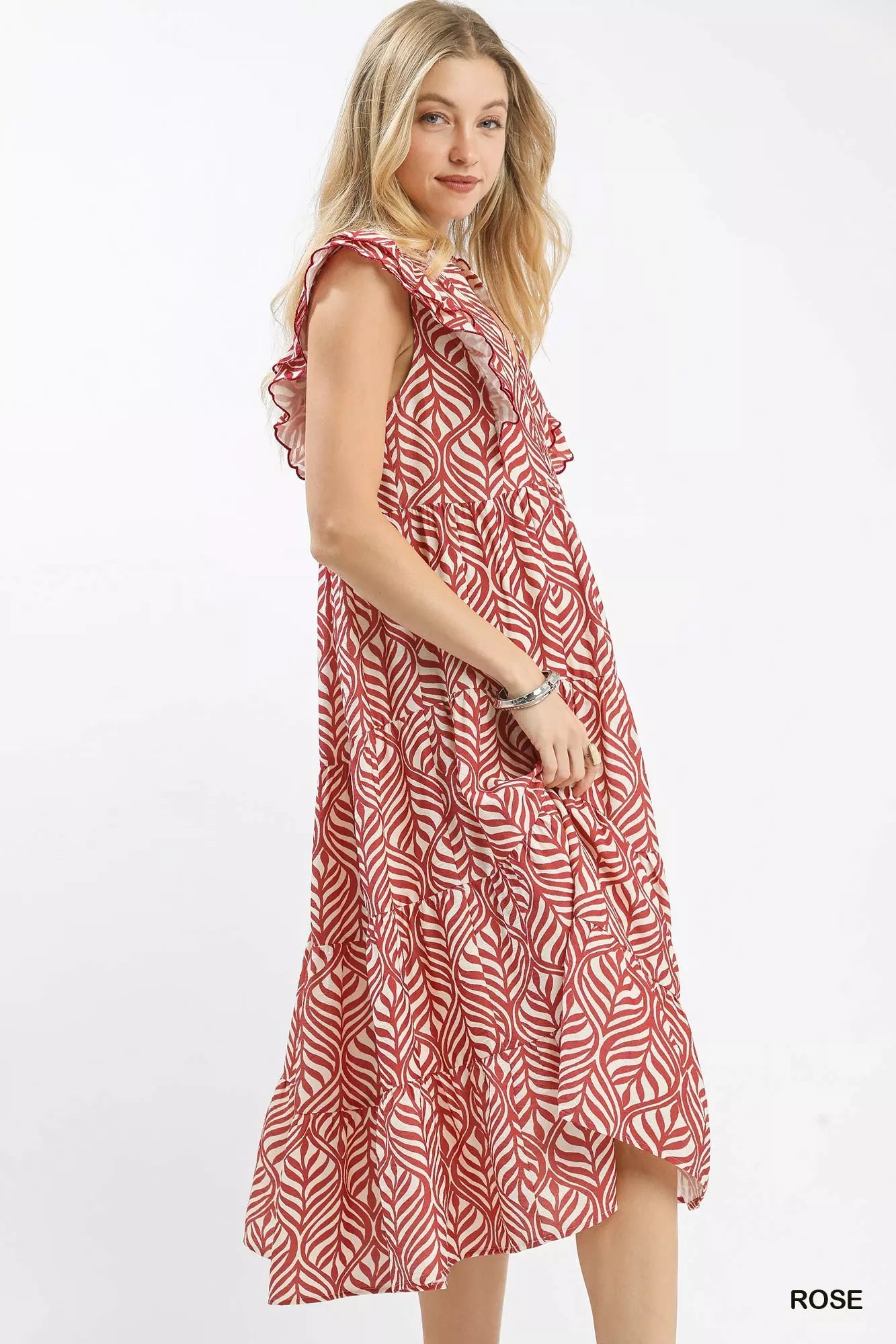 Umgee Leaf Print Tiered Midi Dress with Ruffle Detail Rose / M