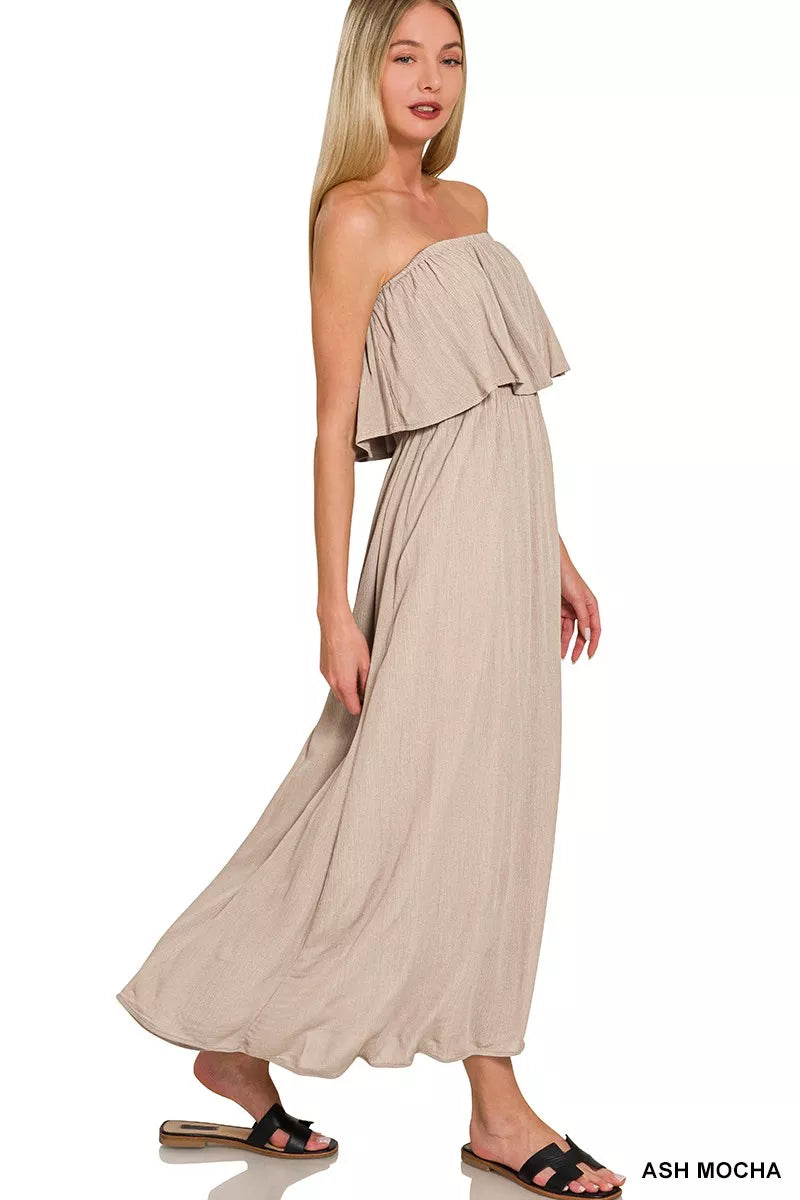 Zenana Woven Crinkle Strapless Maxi Dress Ash Mocha / S