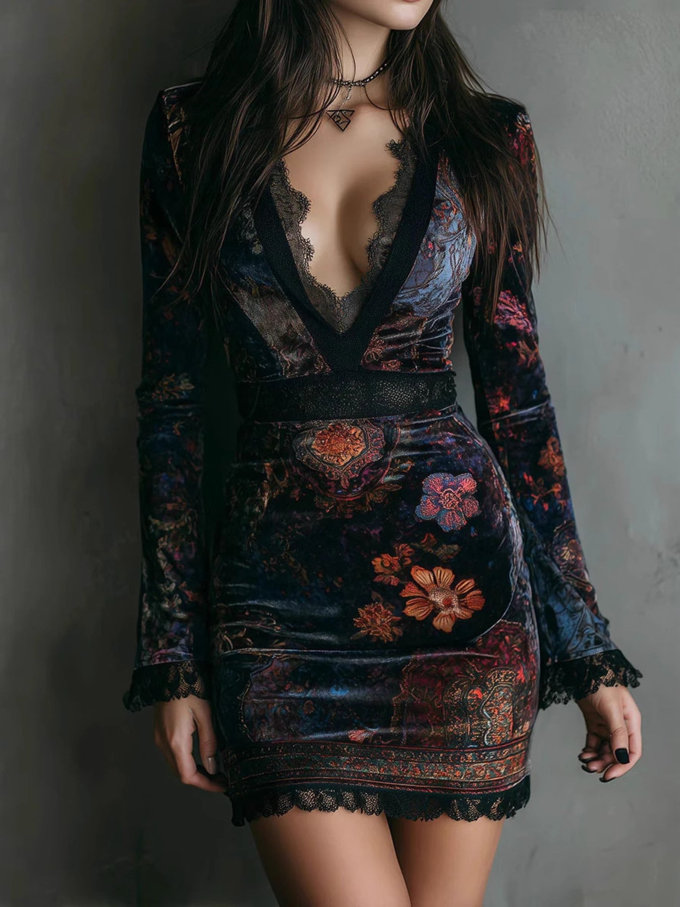 Lace Detail Floral Velvet Mini Dress Montret Lace Detail Floral Velvet Mini Dress Montret