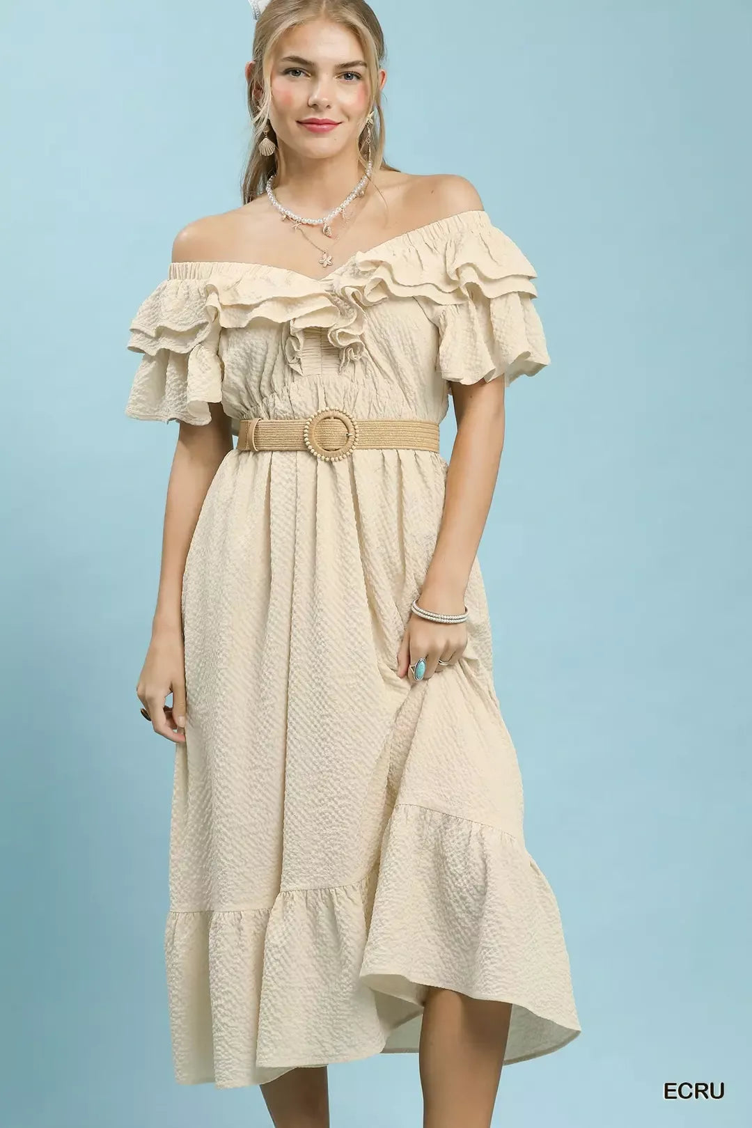 Umgee Textured Ruffle Midi Dress ECRU / M Umgee Textured Ruffle Midi Dress ECRU / M