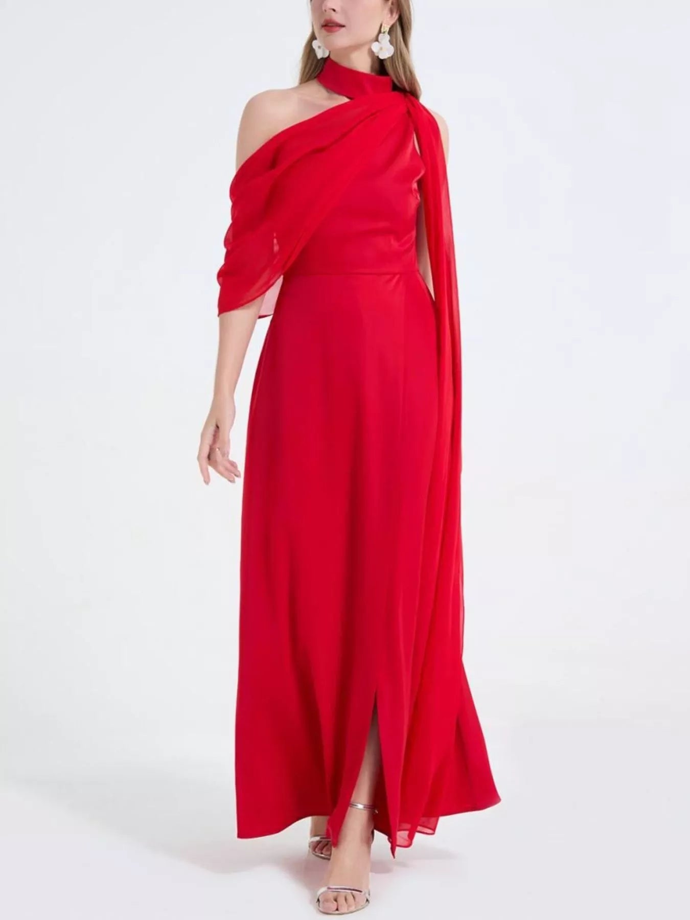 Asymmetrical Neck High Slit Maxi Dress - Red / S Asymmetrical Neck High Slit Maxi Dress - Red / S