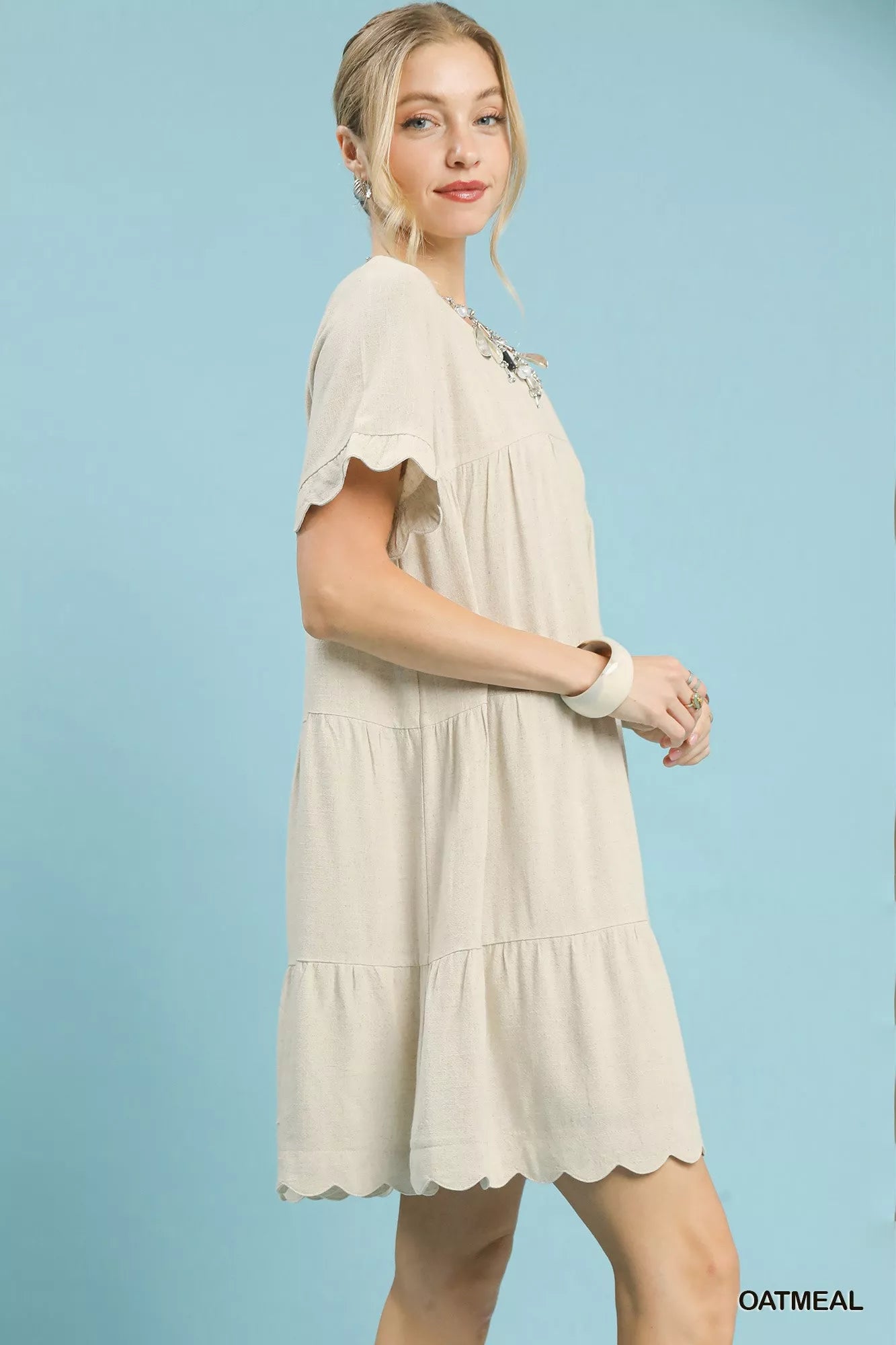 knee length dresses for ladies Umgee Linen Tiered Babydoll Dress with Ruffle Sleeves main image 0