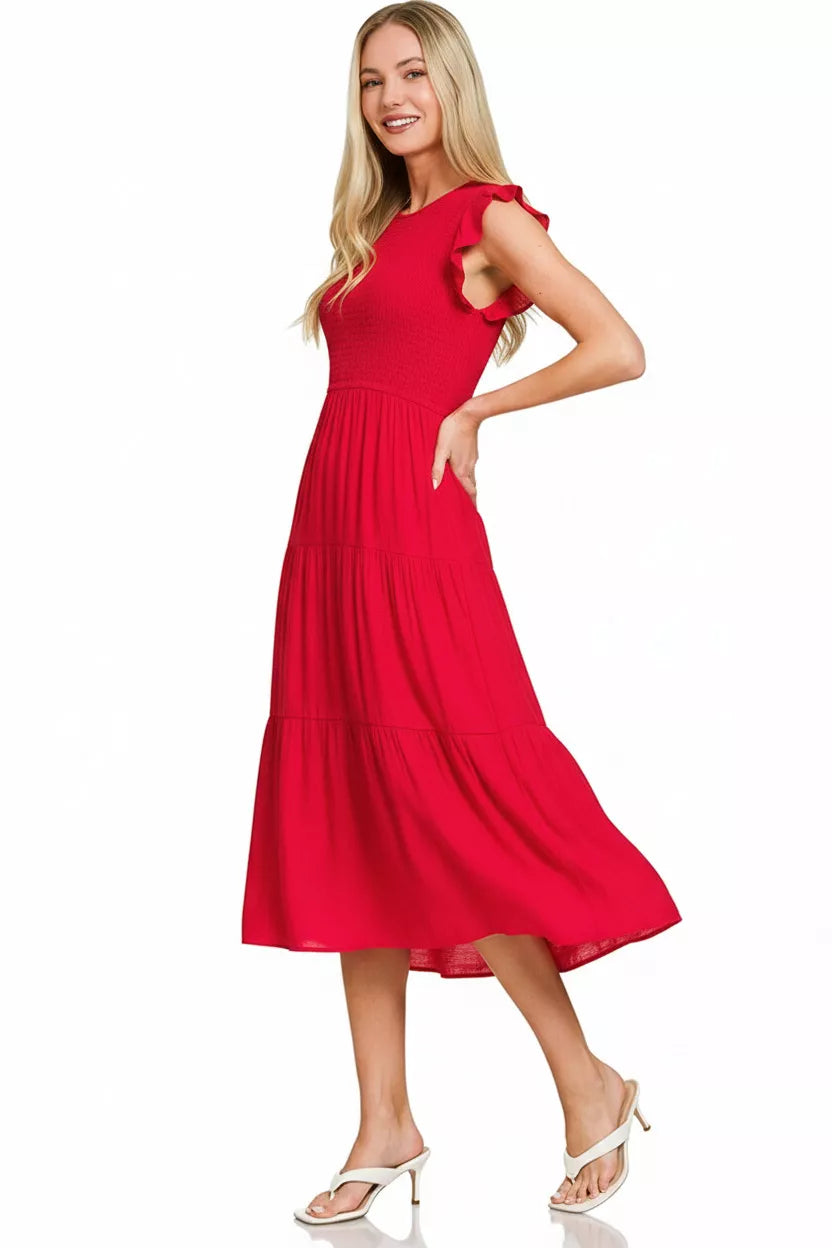 Zenana Woven Smocked Ruffle Sleeve Midi Dress – Montret