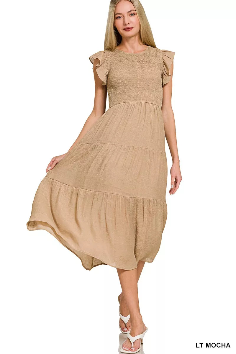 zenana tiered midi dress Zenana Woven Smocked Ruffle Sleeve Midi Dress – Montret