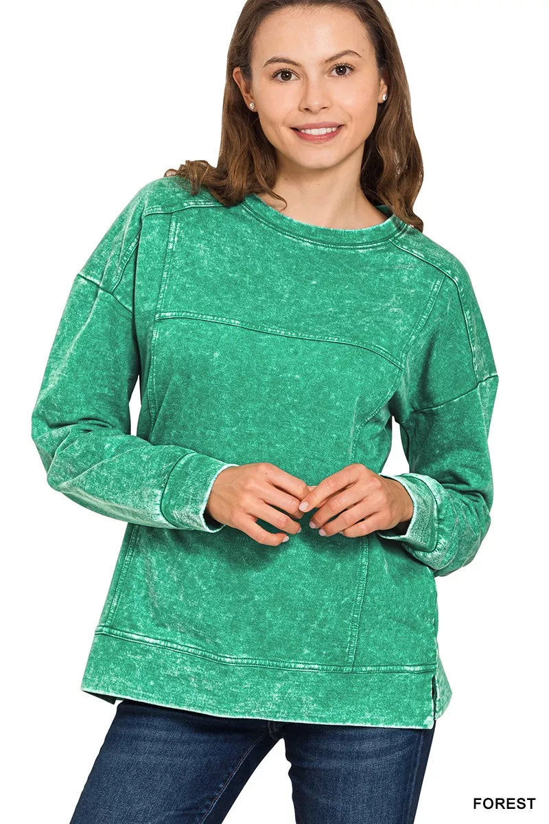 Zenana Acid Wash French Terry Exposed-Seam Pullover – Montret