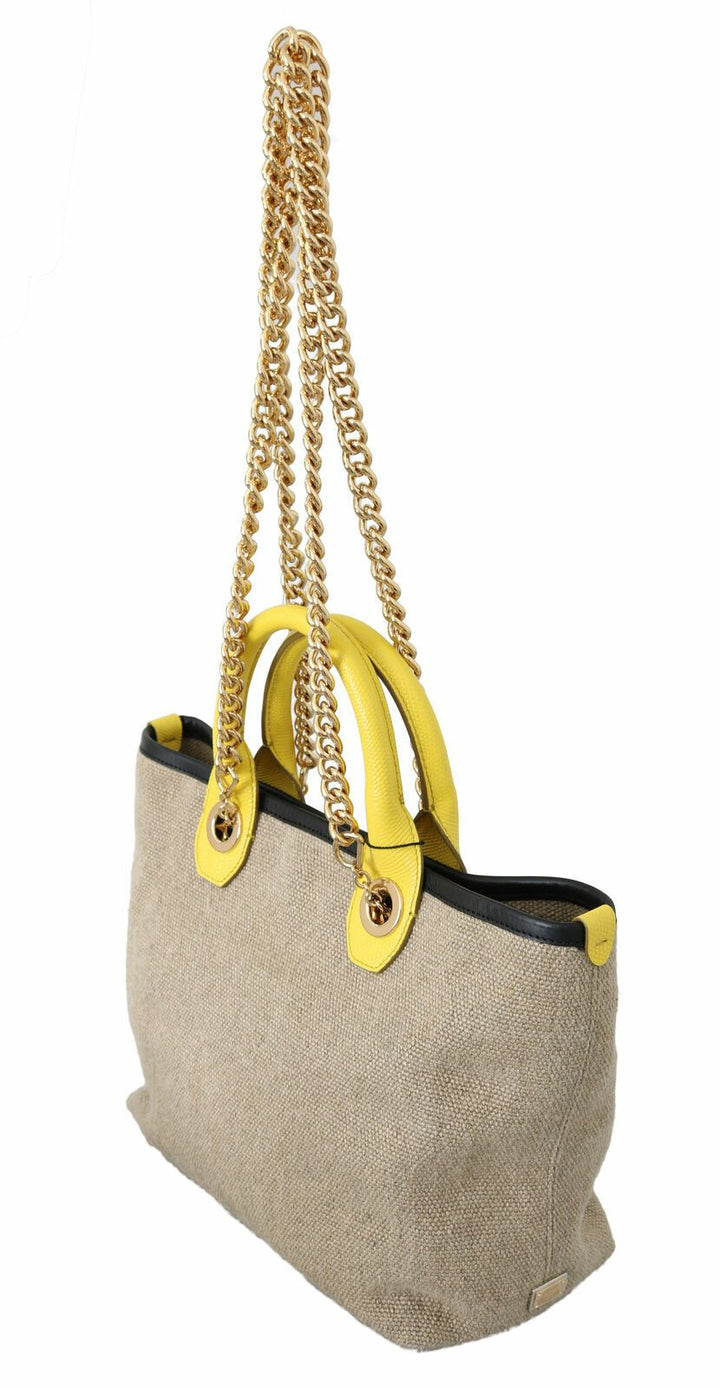Dolce & Gabbana Beige Linen-Calf Tote with Gold Chain
