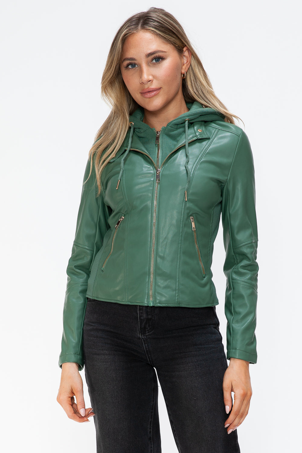 Salvia Ettore Faux Leather Zip Up Drawstring Hooded Jacket