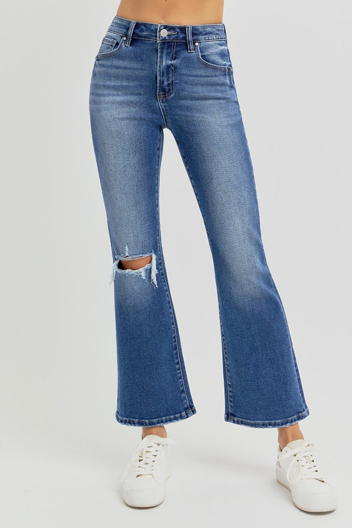 RISEN Full Size Distressed High Rise Crop Flare Jeans