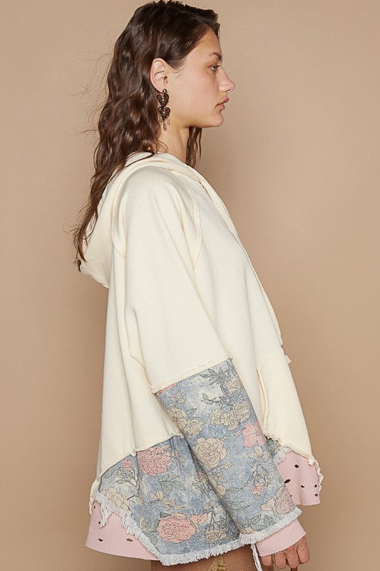 POL Floral Patchwork Distressed Drawstring Hoodie