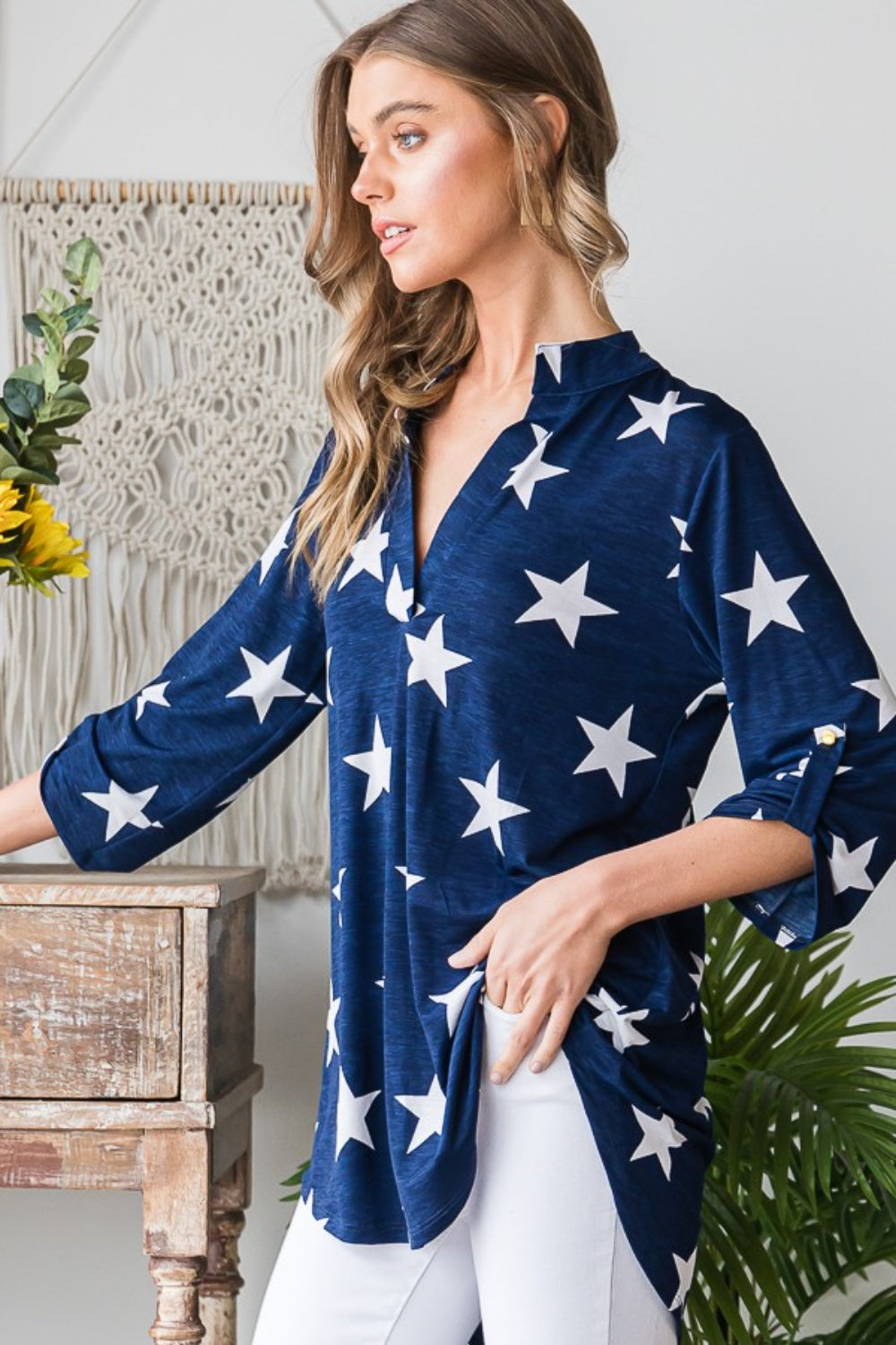 Heimish Full Size Roll-Tab Sleeve Star Print Top