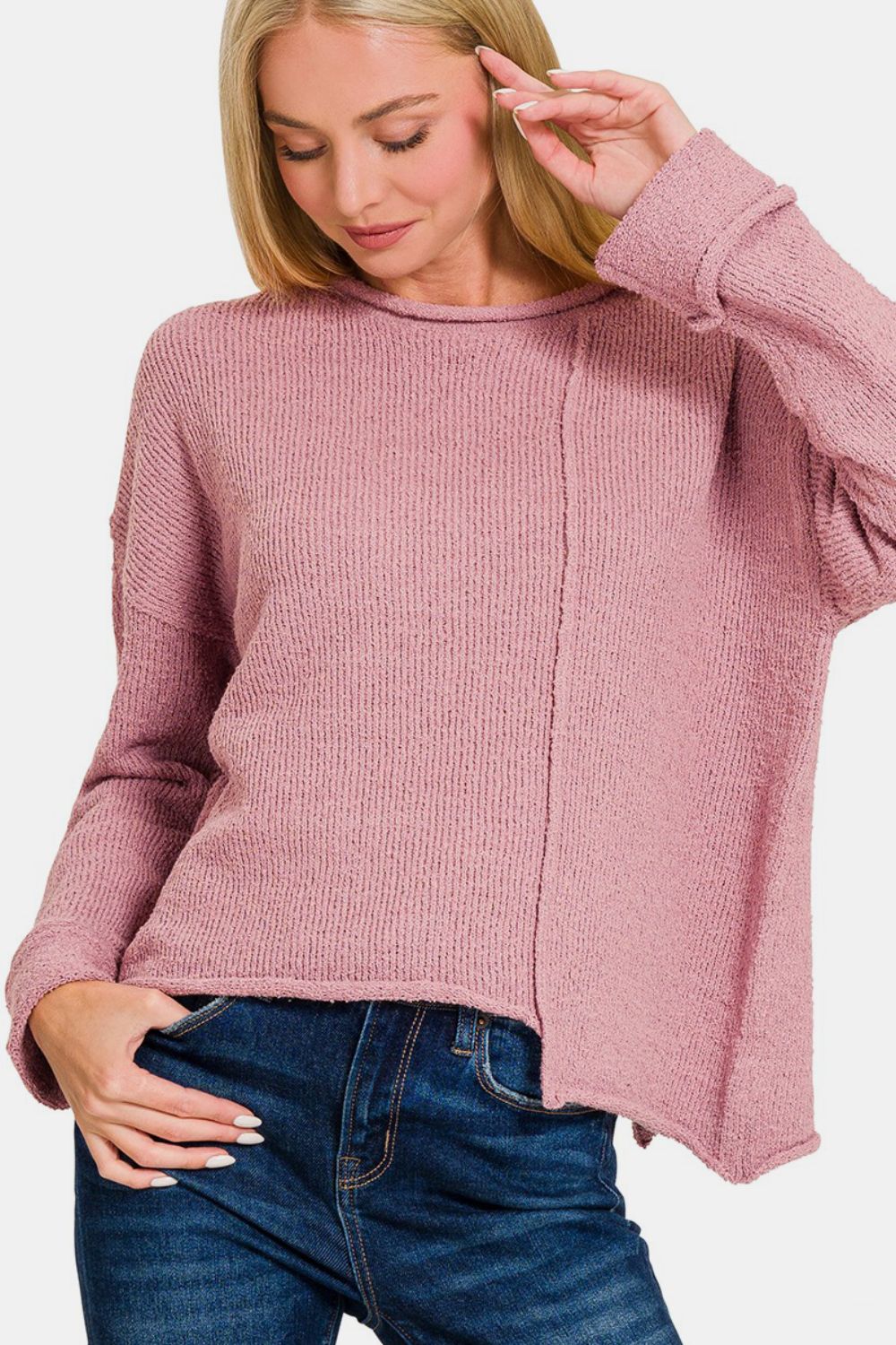 Zenana Pullover mit asymmetrischem Saum und überschnittenen Schultern