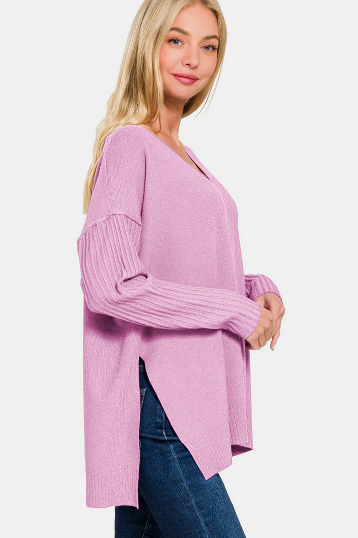 Zenana Pullover mit V-Ausschnitt und seitlichem Schlitz