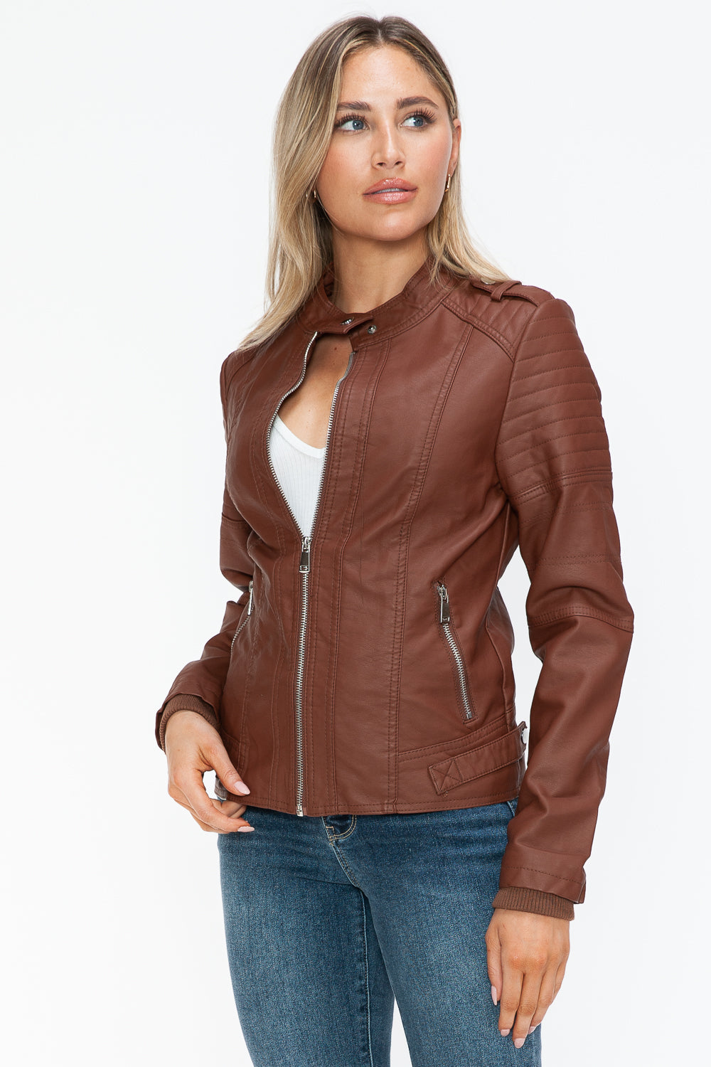 Salvia Ettore PU Leather Biker Jacket with Side Zip Pockets