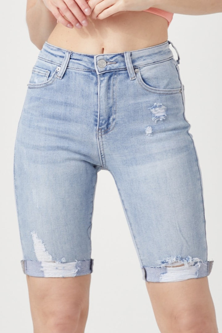 RISEN – Bermudashorts aus Distressed-Denim mit hohem Bund