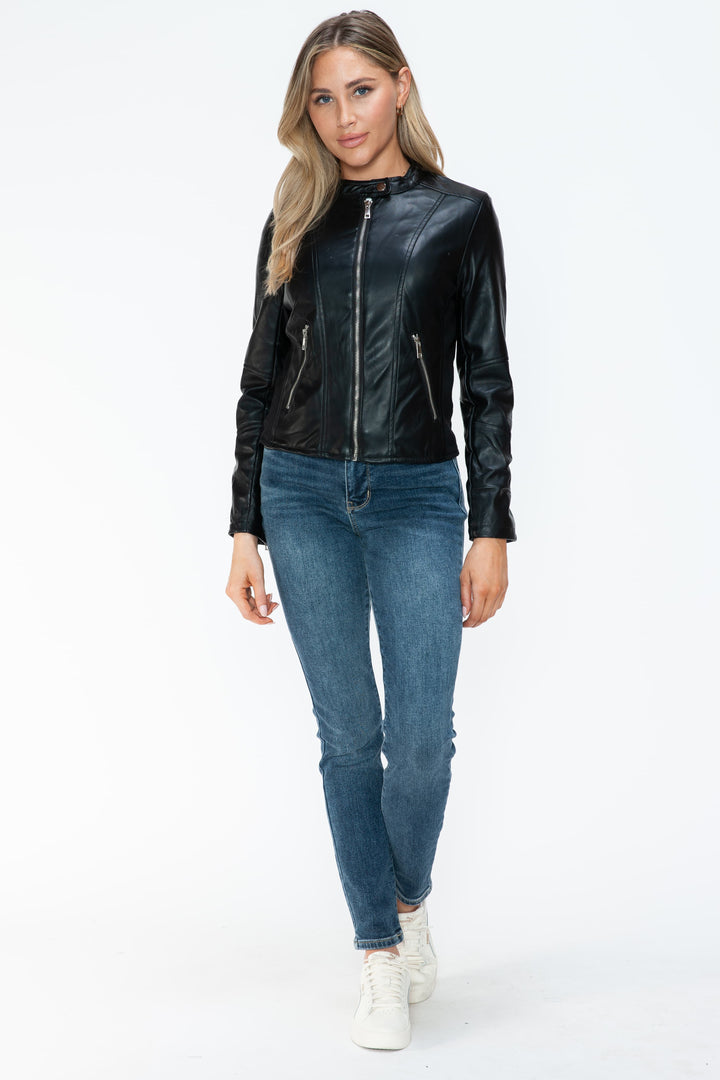 Salvia Ettore PU Leather Zip Up Jacket with Pockets