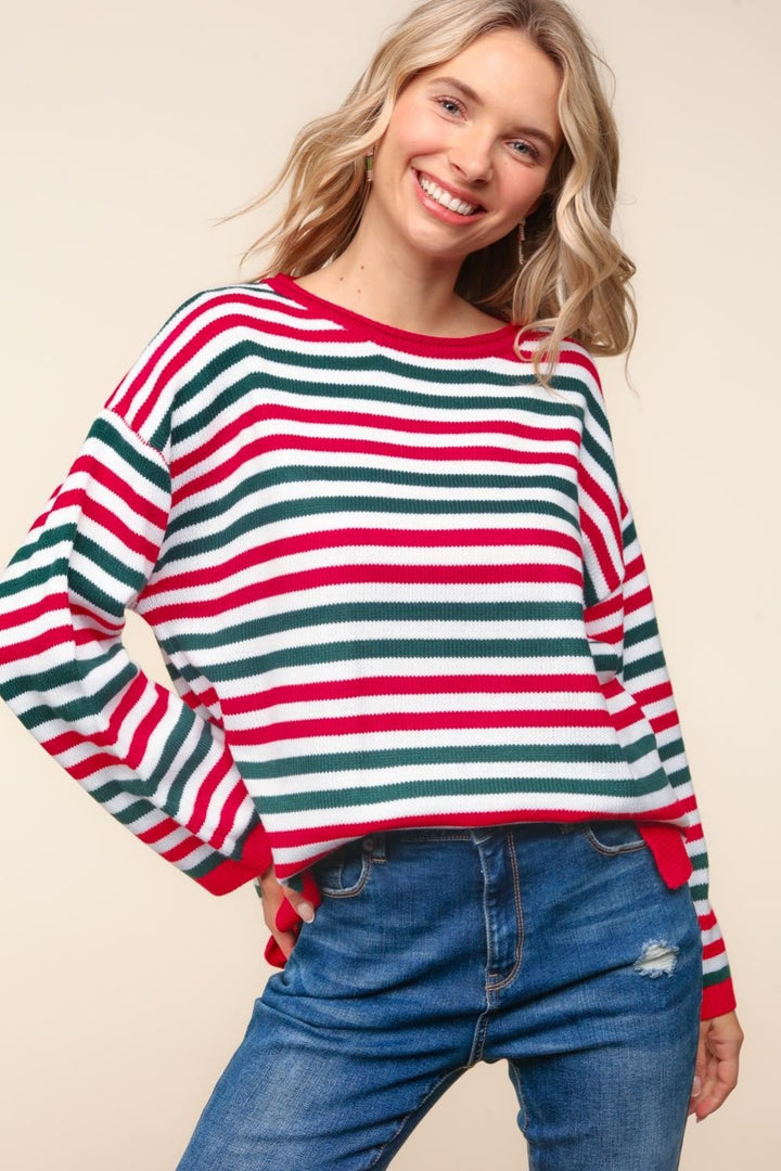 Haptics Full Size Striped Contrast Side Slit Knit Top